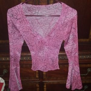 Crop Stretchy Top Blouse w Spilt Bell Sleeves